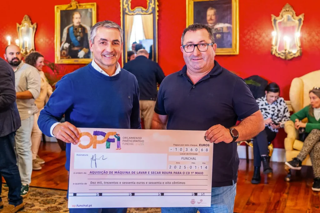 A Câmara Municipal do Funchal certifica que o projeto AQUISIÇÃO DE MÁQUINA DE LAVAR E SECAR ROUPA PARA O CD 1° MAIO venceu o 5° lugar na Categoria Juvenil no âmbito do ORÇAMENTO PARTICIPATIVO DO FUNCHAL 2024/2025.