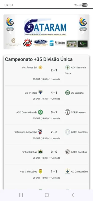 Resultado da 1ª Jornada do Campeonato +35 Liga de Veteranos - Divisão única