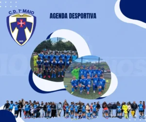 Agenda desportiva do C.D. 1º de Maio, escola de futebol na Madeira, para 16 e 17 de maio de 2026.